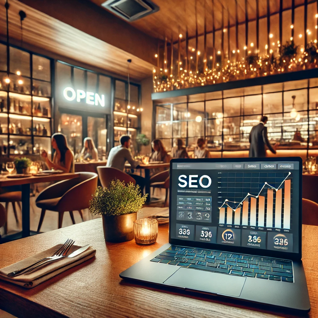 A modern restaurant with a warm atmosphere, featuring a laptop displaying an SEO dashboard with rising graphs, symbolizing business growth. The background includes a storefront with an 'Open' sign, emphasizing local visibility and online marketing for restaurants.