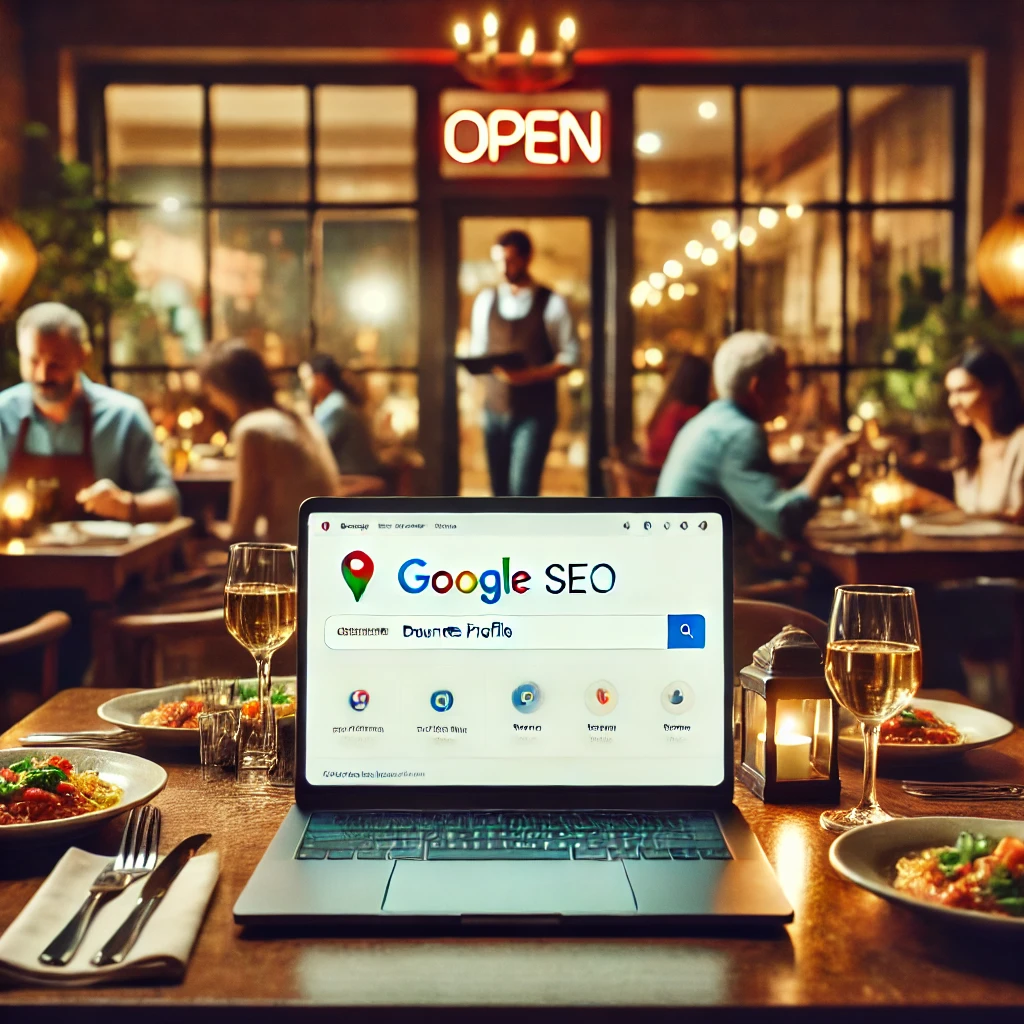 A stylish restaurant interior with a laptop displaying a Google Business Profile dashboard. Diners enjoy their meals, while the screen highlights the restaurant’s online presence, emphasizing local SEO. A storefront with an 'Open' sign reinforces strong visibility on Google.