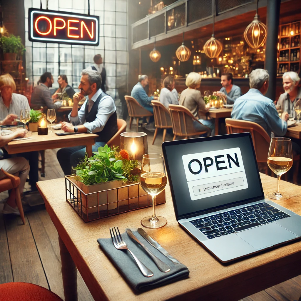 A stylish restaurant interior with diners enjoying meals. A laptop on a table subtly displays a digital reservation system, symbolizing online bookings. The atmosphere is warm and inviting, with an 'Open' sign reinforcing strong local visibility