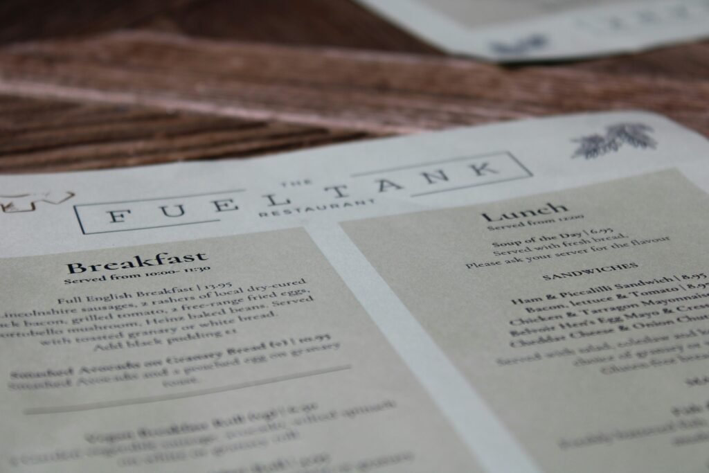 Close‑up of a restaurant menu on a table.